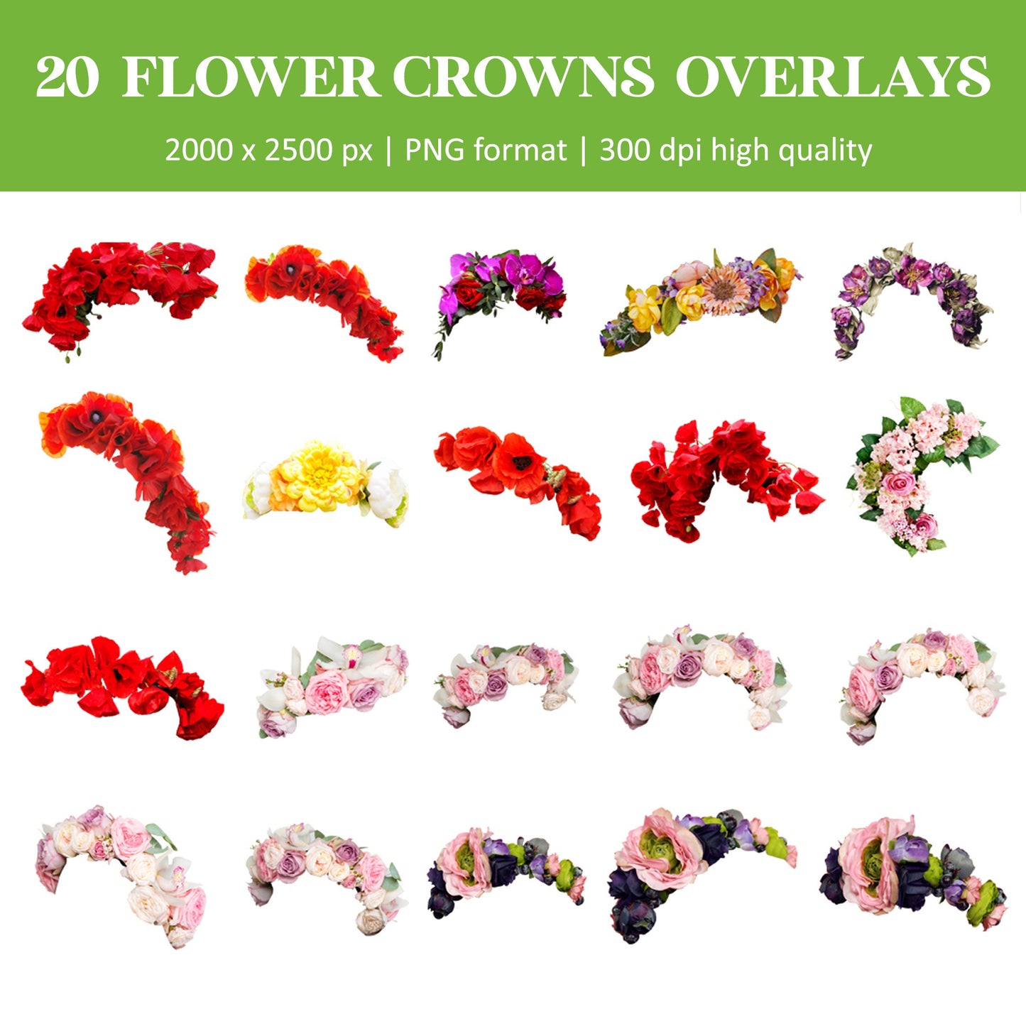 Flower crown overlays, flower headband overlay, floral head wreath, Photoshop overlays, hair flowers overlay, Headpieces Transparent PNG