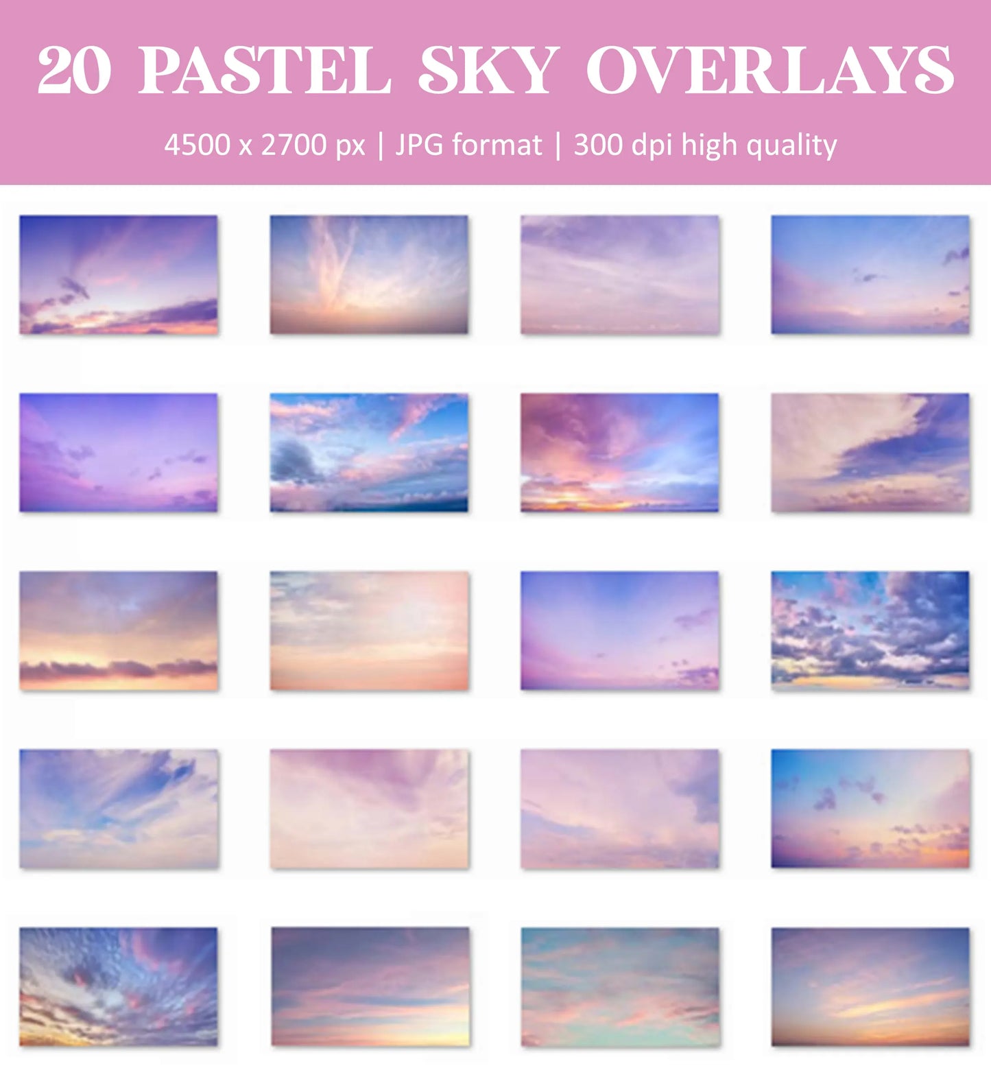 Dreamy Pastel Sky Overlays for Photoshop - Soft Sunset and Cloudscape Effects