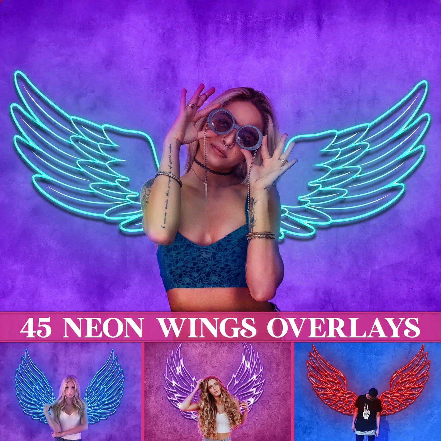 Neon Angel Wings Overlays for Photoshop - Glowing Light Effects