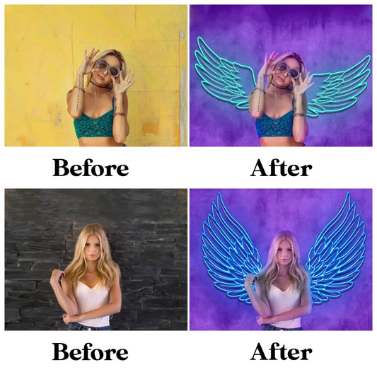 Neon Angel Wings Overlays for Photoshop - Glowing Light Effects
