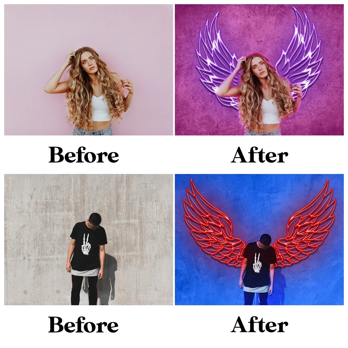 Neon Angel Wings Overlays for Photoshop - Glowing Light Effects
