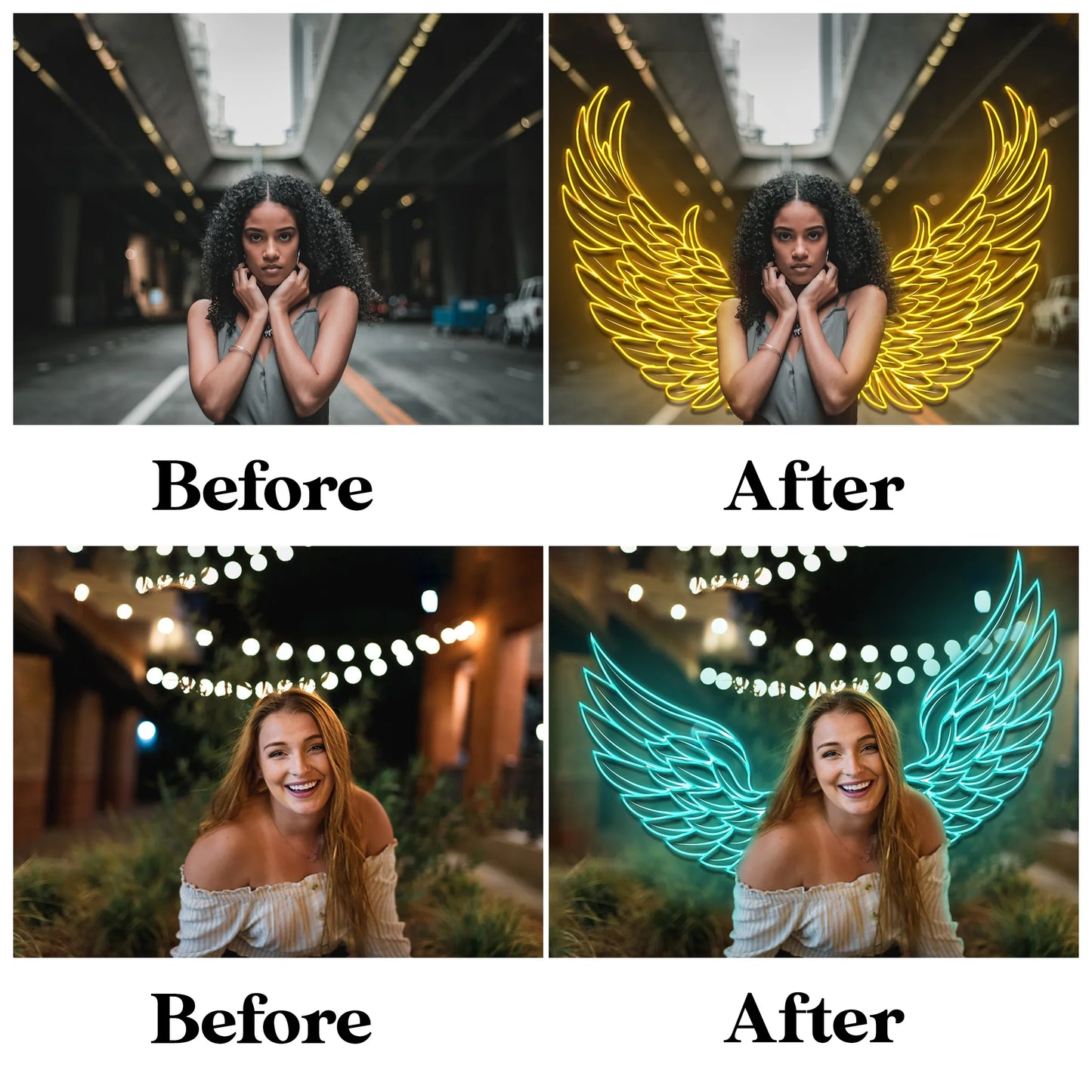 Neon Angel Wings Overlays for Photoshop - Glowing Light Effects