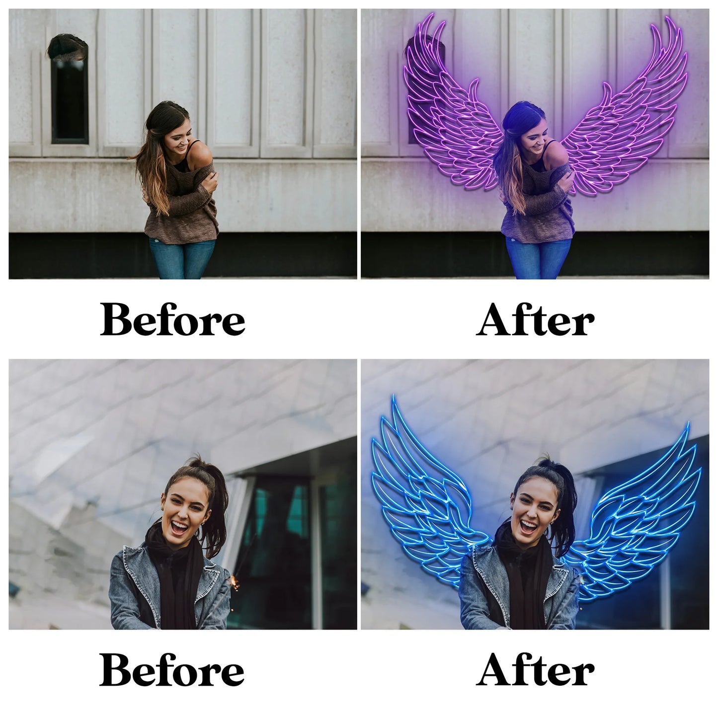 Neon Angel Wings Overlays for Photoshop - Glowing Light Effects
