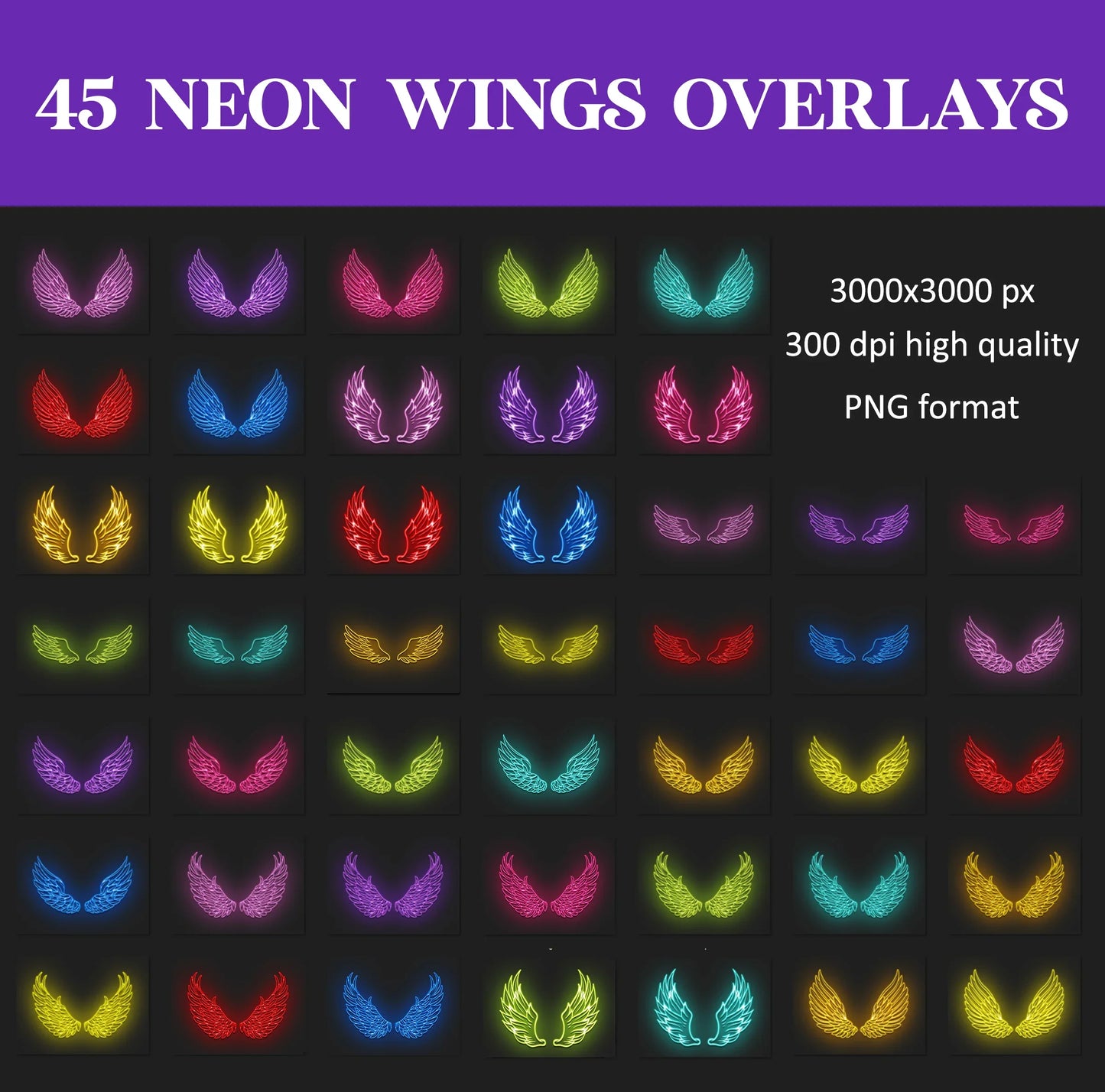 Neon Angel Wings Overlays for Photoshop - Glowing Light Effects