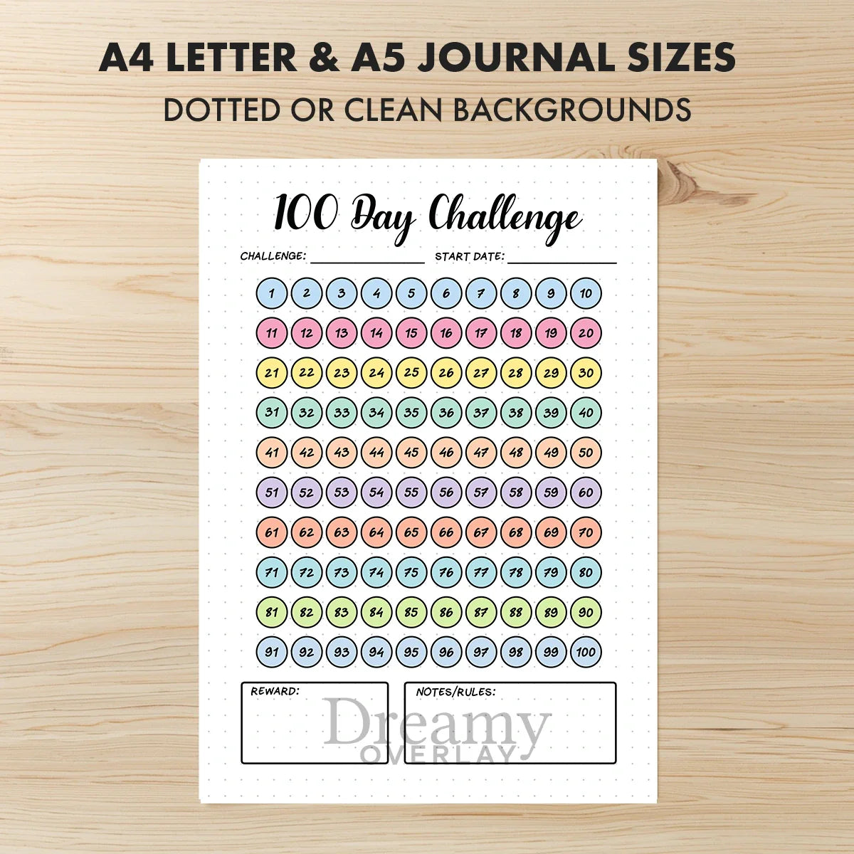 Printable 100 day challenge tracker monthly printable journal page in A4, A5 and US Letter size