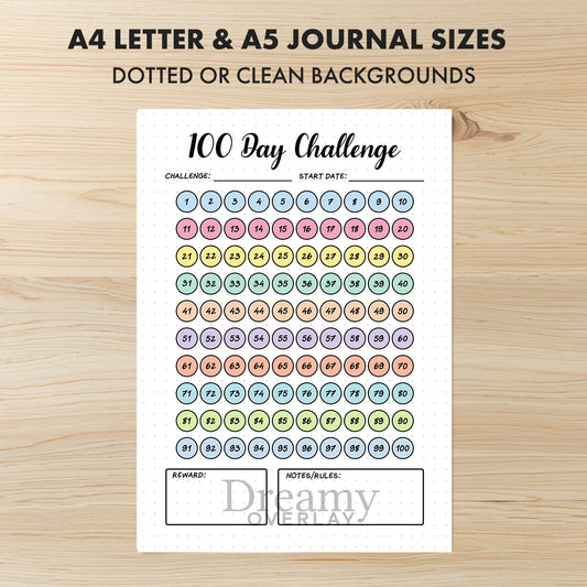 Printable 100 day challenge tracker monthly printable journal page in A4, A5 and US Letter size