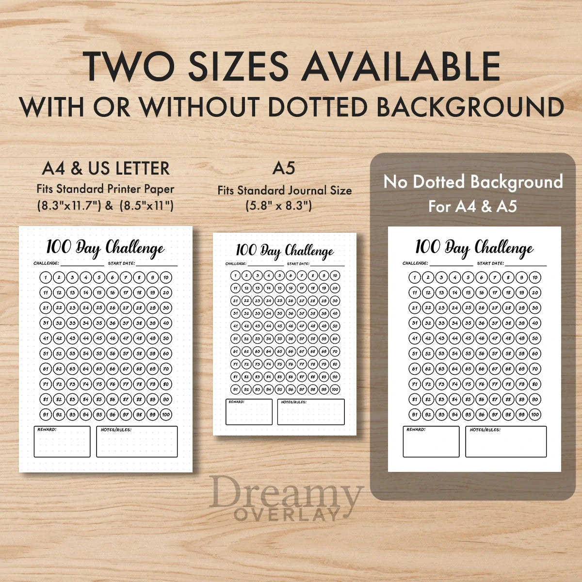 Printable 100 day challenge tracker monthly printable journal page in A4, A5 and US Letter size