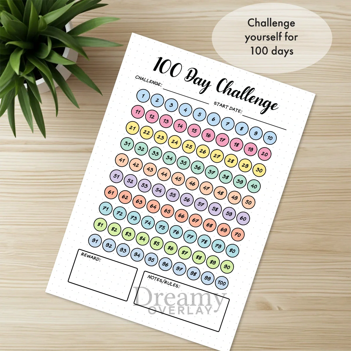 Printable 100 day challenge tracker monthly printable journal page in A4, A5 and US Letter size
