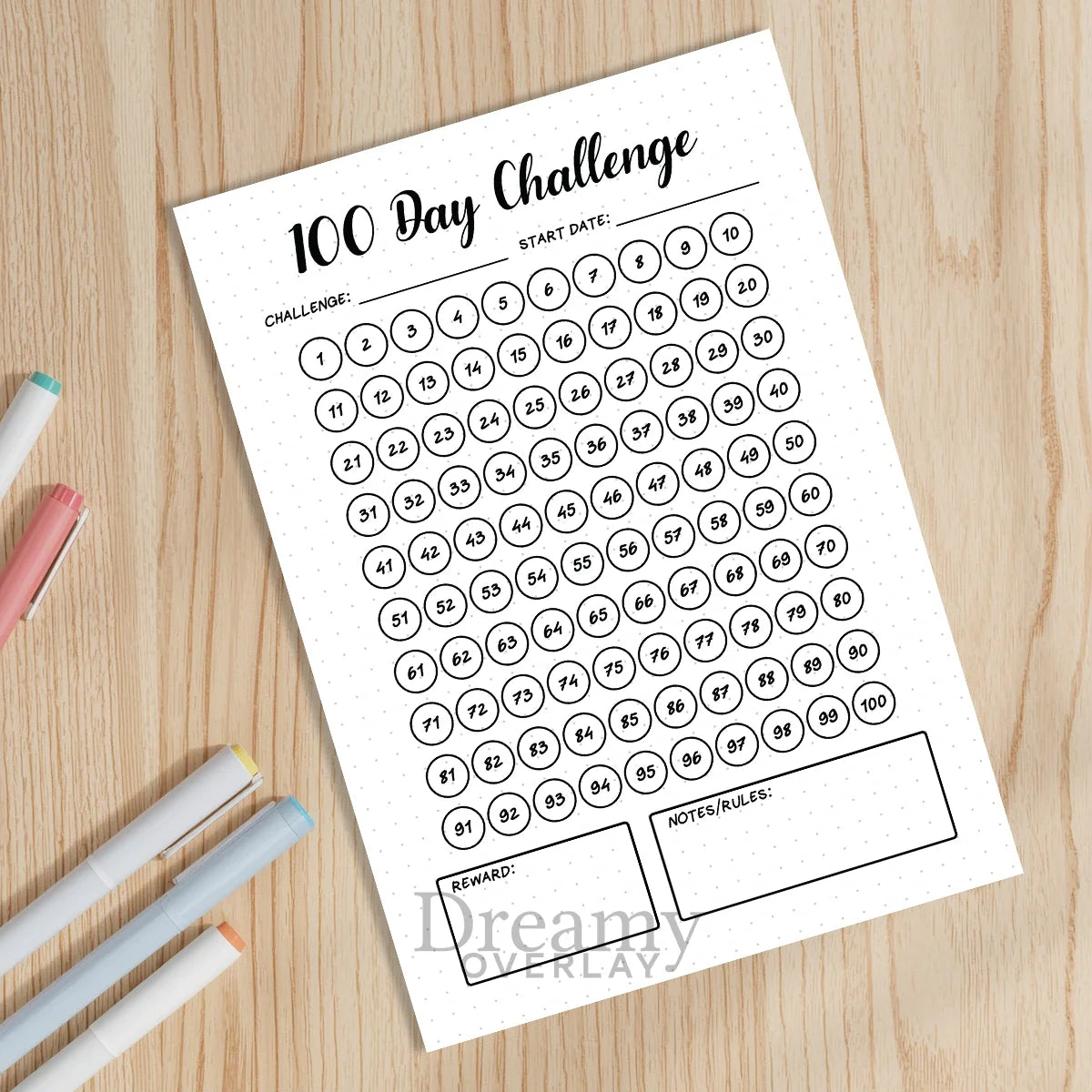 Printable 100 day challenge tracker monthly printable journal page in A4, A5 and US Letter size