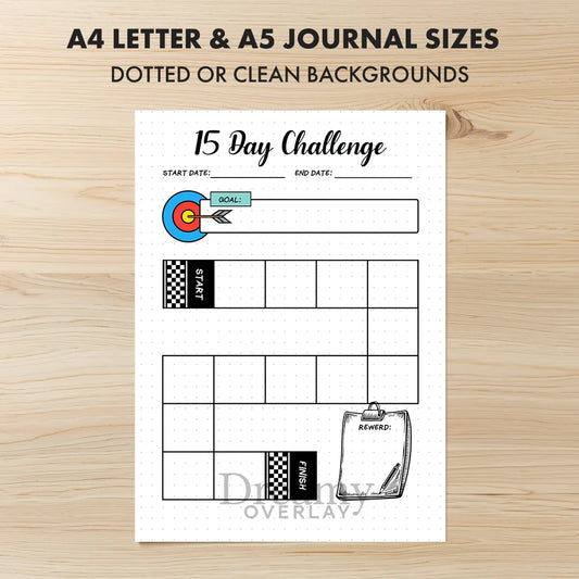 Printable 15 day challenge tracker monthly printable journal page in A4, A5 and US Letter size