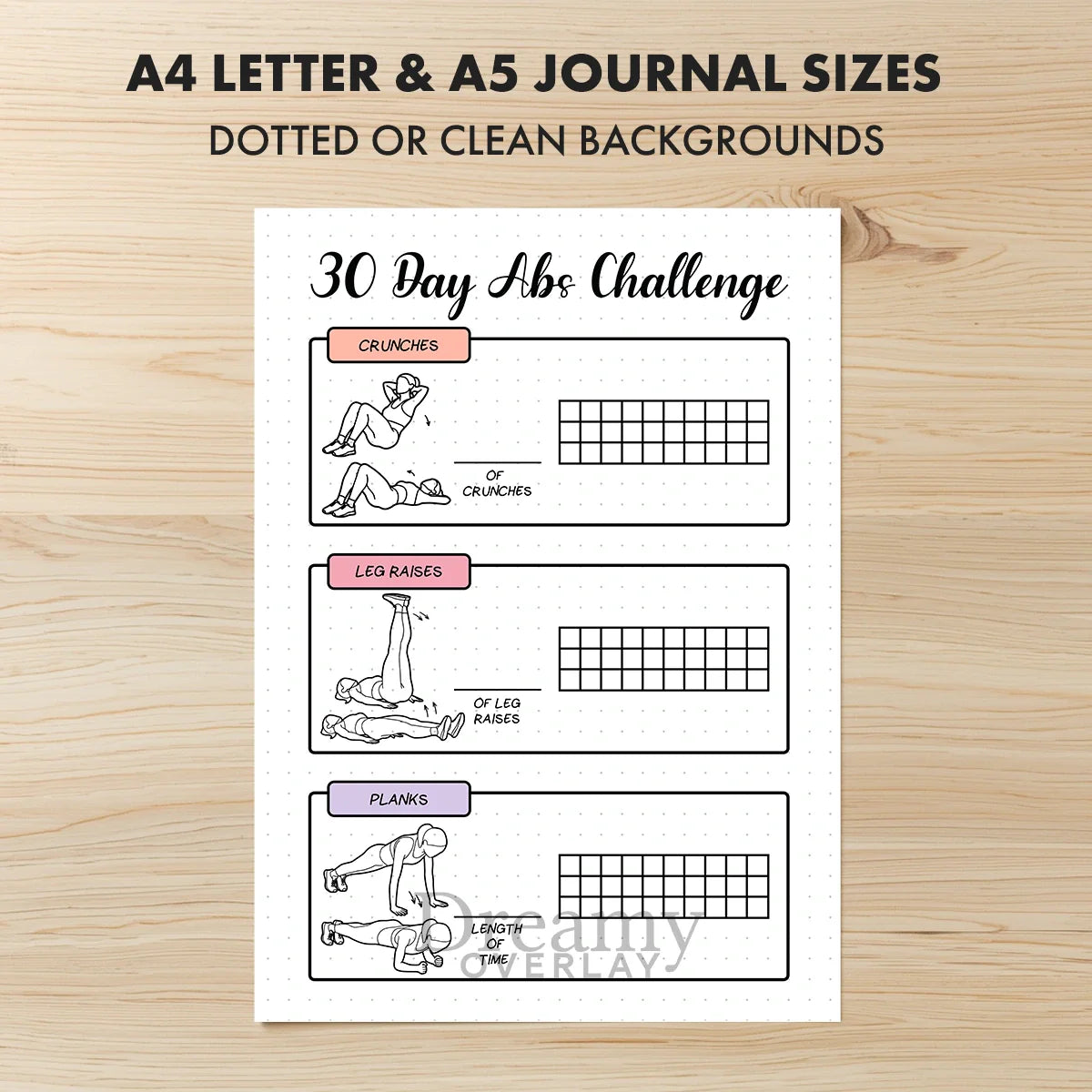 Printable 30 day abs challenge tracker monthly printable journal page in A4, A5 and US Letter size