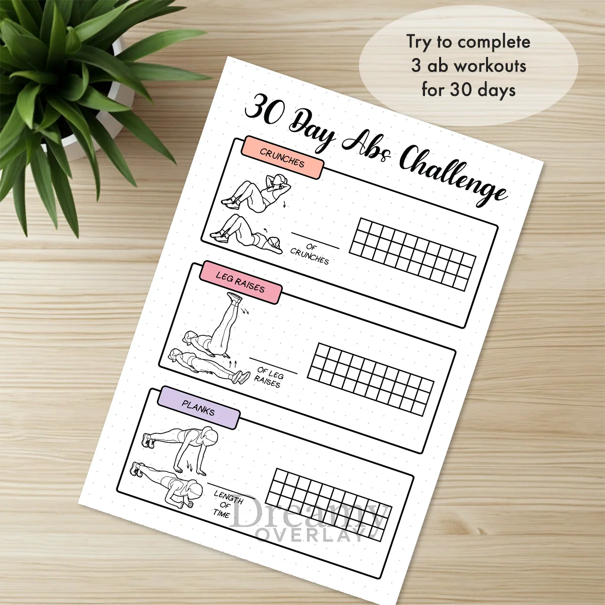 Printable 30 day abs challenge tracker monthly printable journal page in A4, A5 and US Letter size
