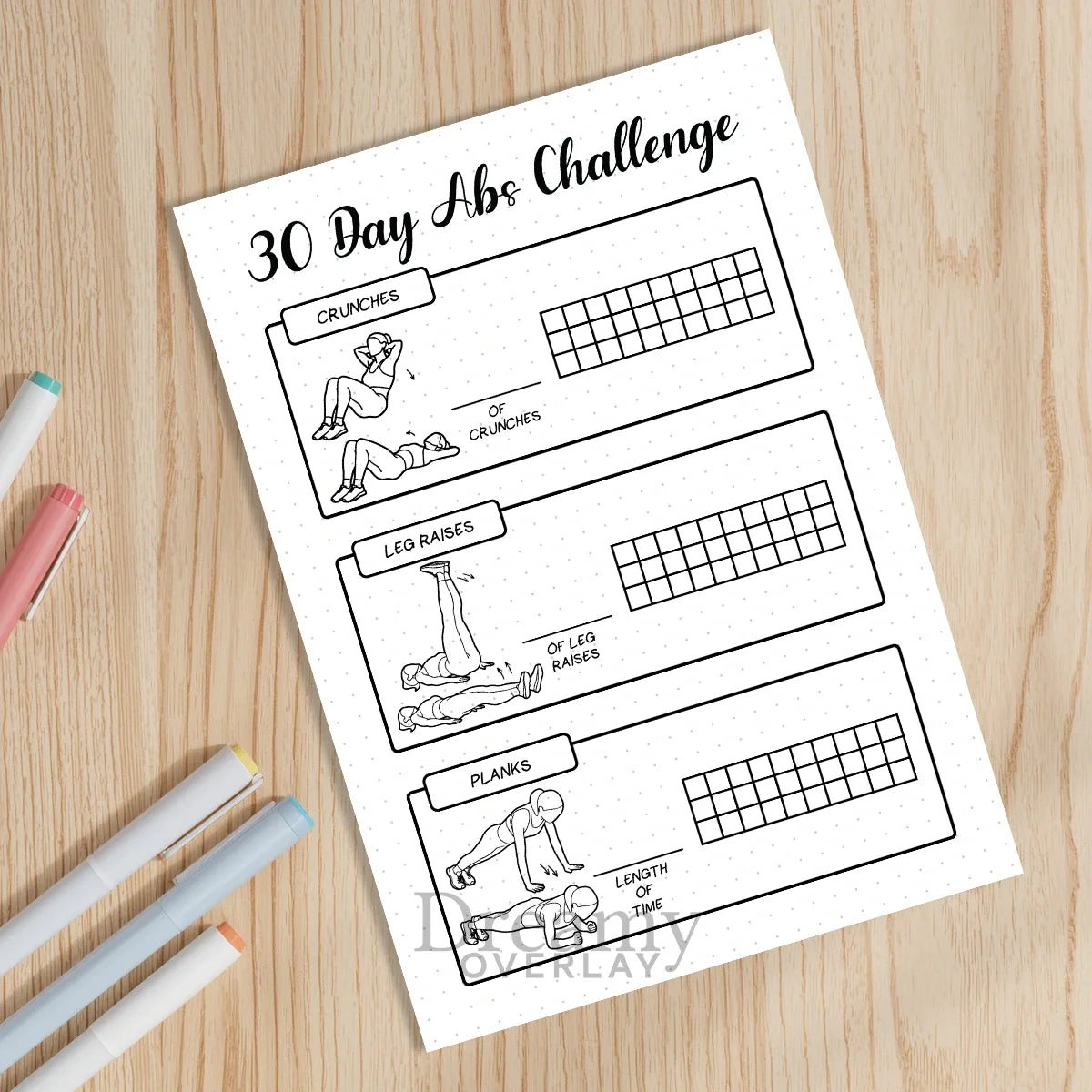 Printable 30 day abs challenge tracker monthly printable journal page in A4, A5 and US Letter size