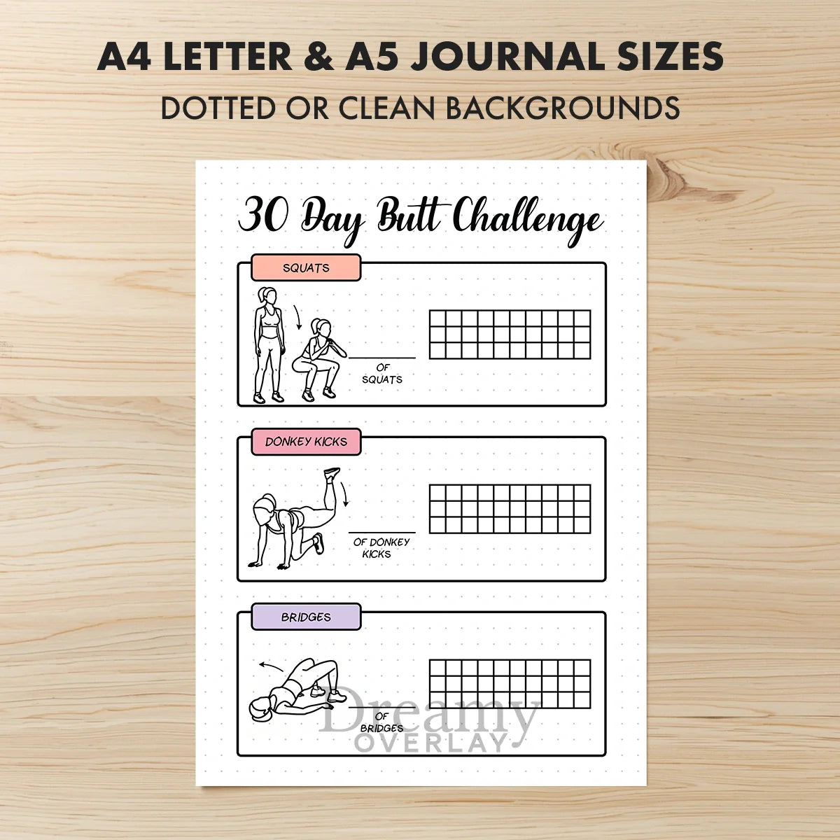 Printable 30 day butt challenge tracker monthly printable journal page in A4, A5 and US Letter size