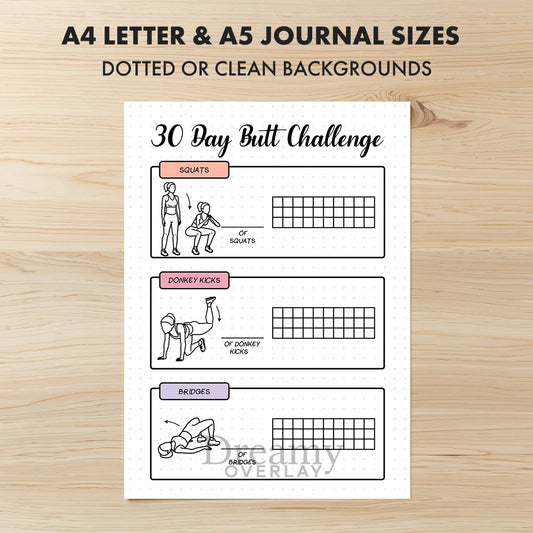 Printable 30 day butt challenge tracker monthly printable journal page in A4, A5 and US Letter size