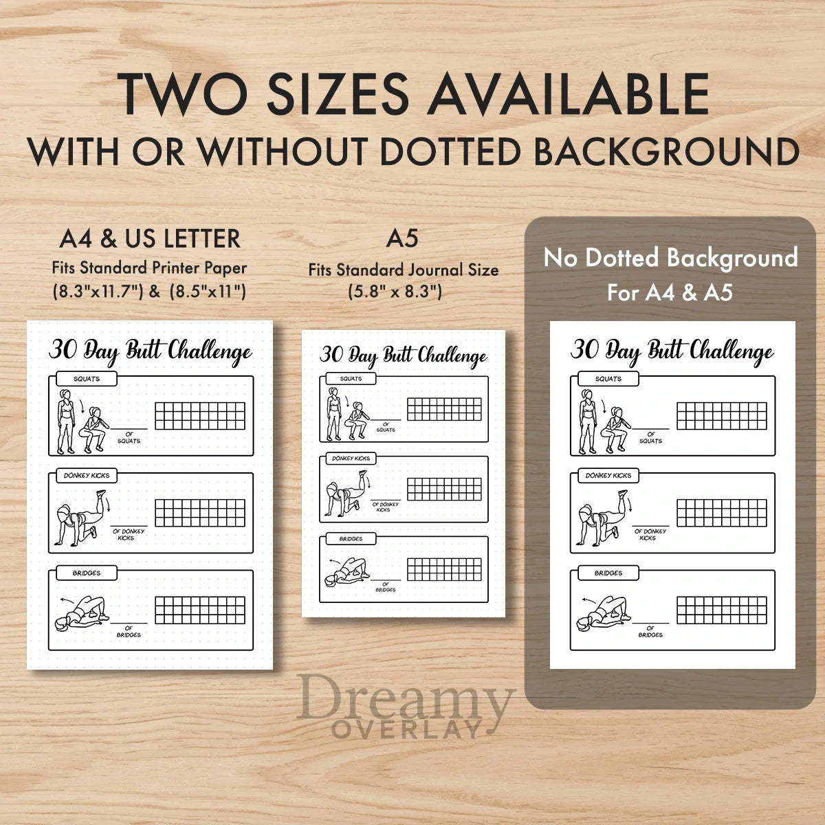 Printable 30 day butt challenge tracker monthly printable journal page in A4, A5 and US Letter size