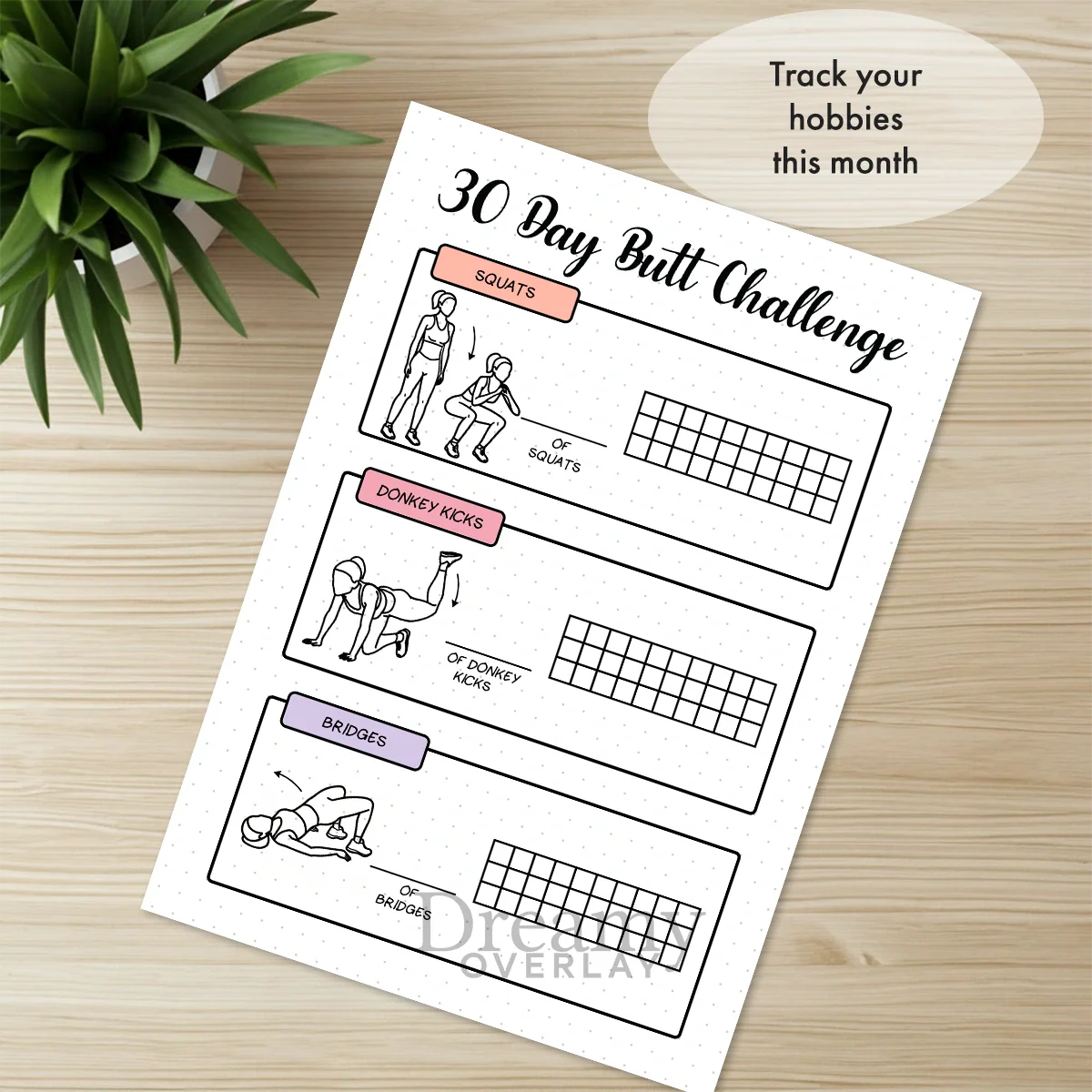 Printable 30 day butt challenge tracker monthly printable journal page in A4, A5 and US Letter size