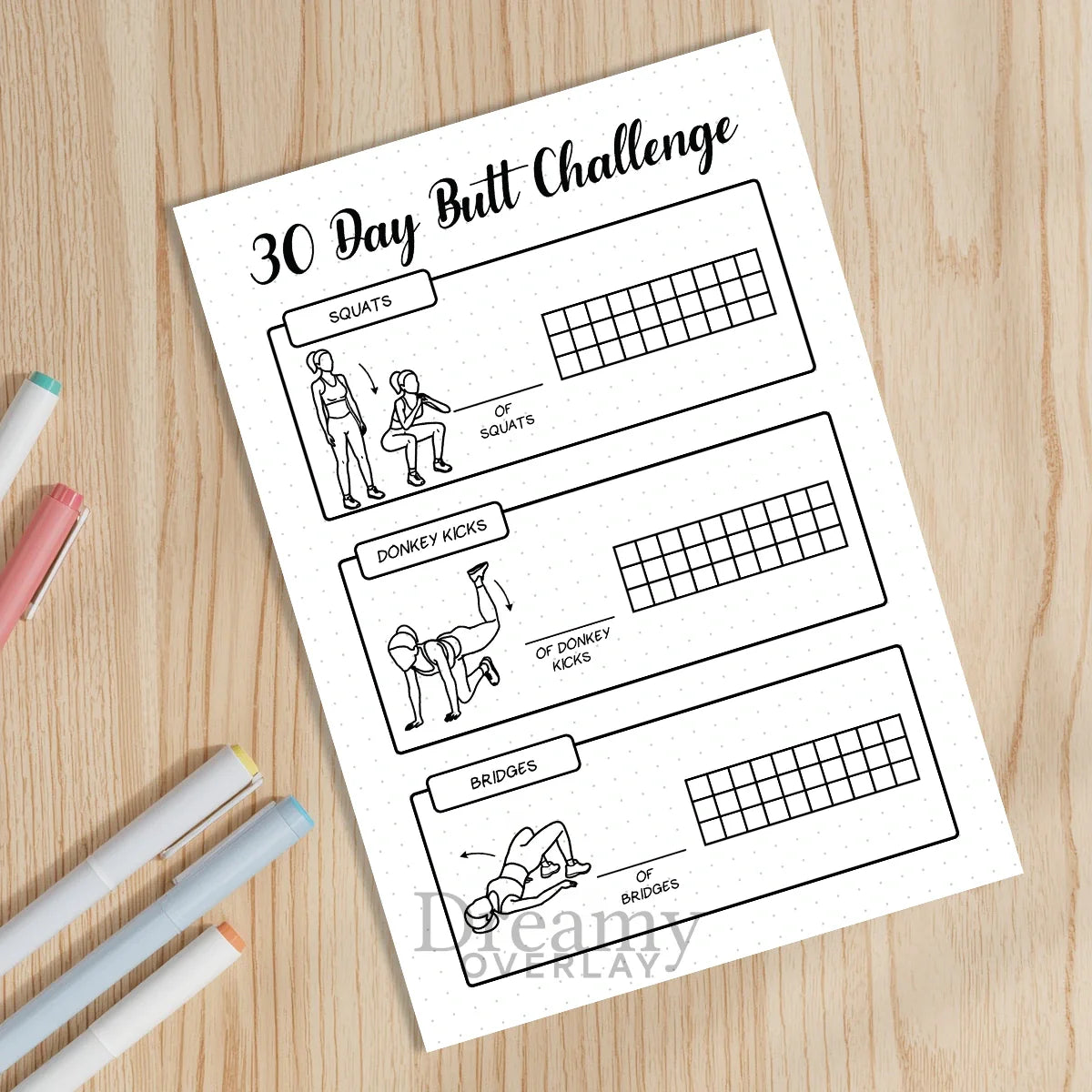 Printable 30 day butt challenge tracker monthly printable journal page in A4, A5 and US Letter size