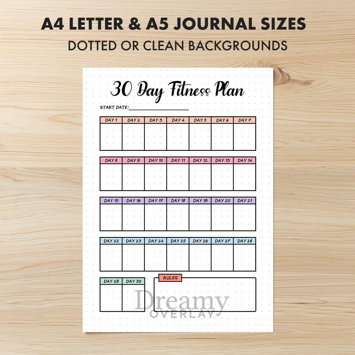 Printable 30 day fitness plan tracker monthly printable journal page in A4, A5 and US Letter size