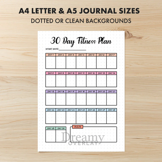Printable 30 day fitness plan tracker monthly printable journal page in A4, A5 and US Letter size