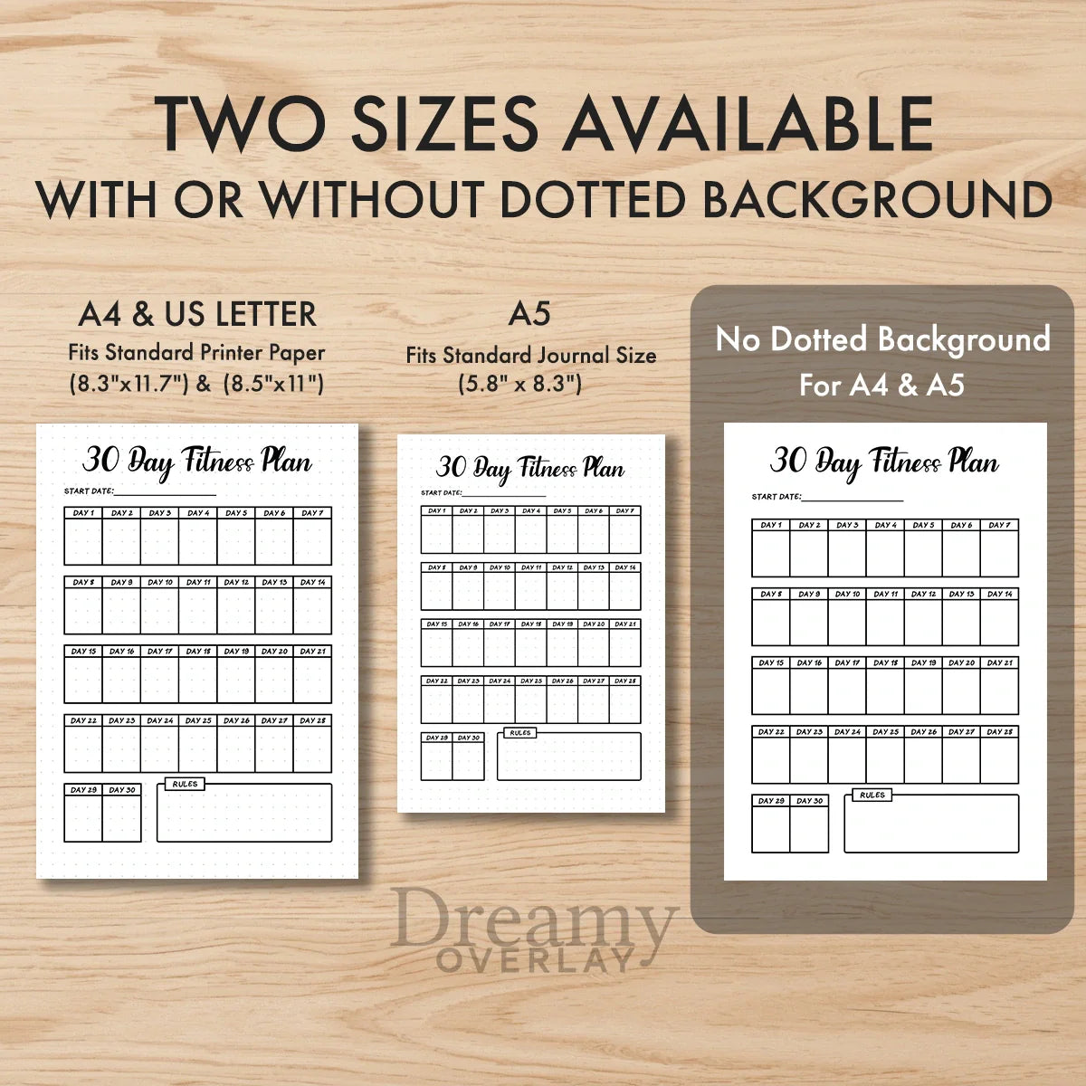 Printable 30 day fitness plan tracker monthly printable journal page in A4, A5 and US Letter size