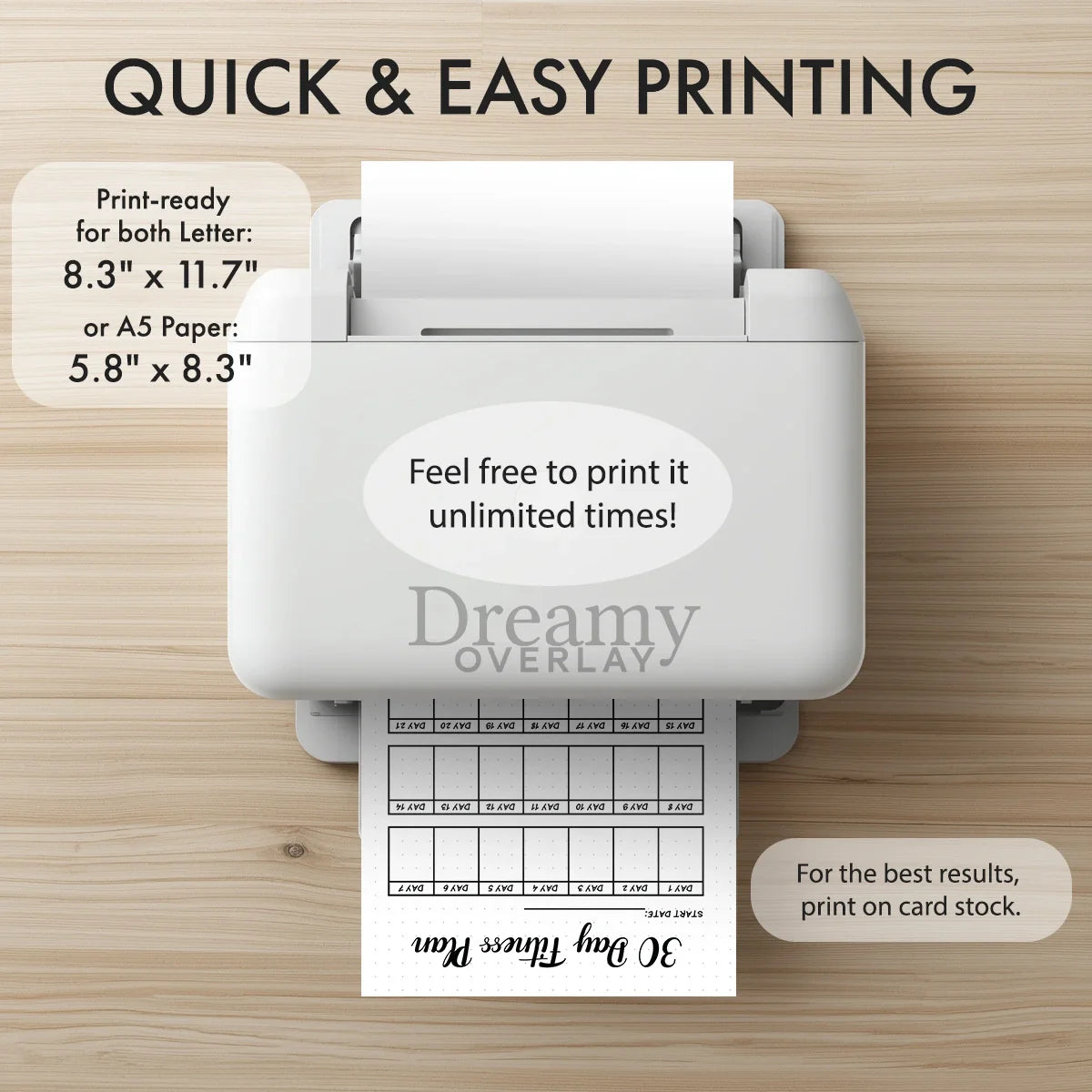 Printable 30 day fitness plan tracker monthly printable journal page in A4, A5 and US Letter size