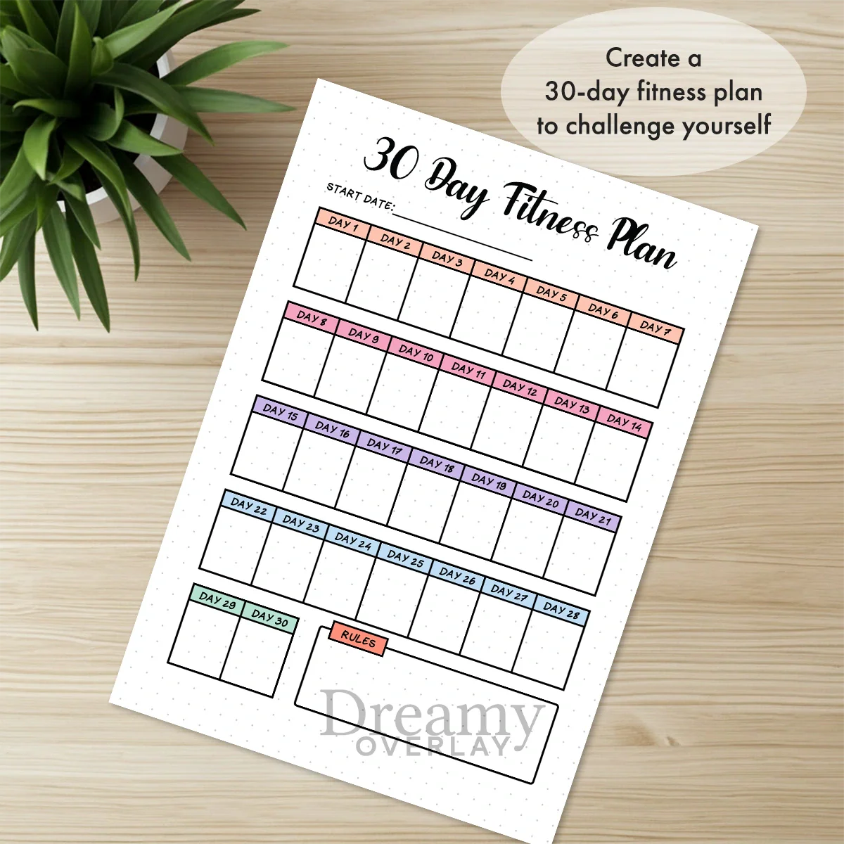 Printable 30 day fitness plan tracker monthly printable journal page in A4, A5 and US Letter size