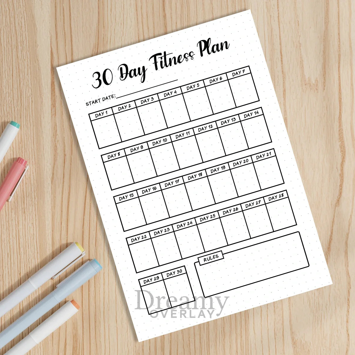 Printable 30 day fitness plan tracker monthly printable journal page in A4, A5 and US Letter size