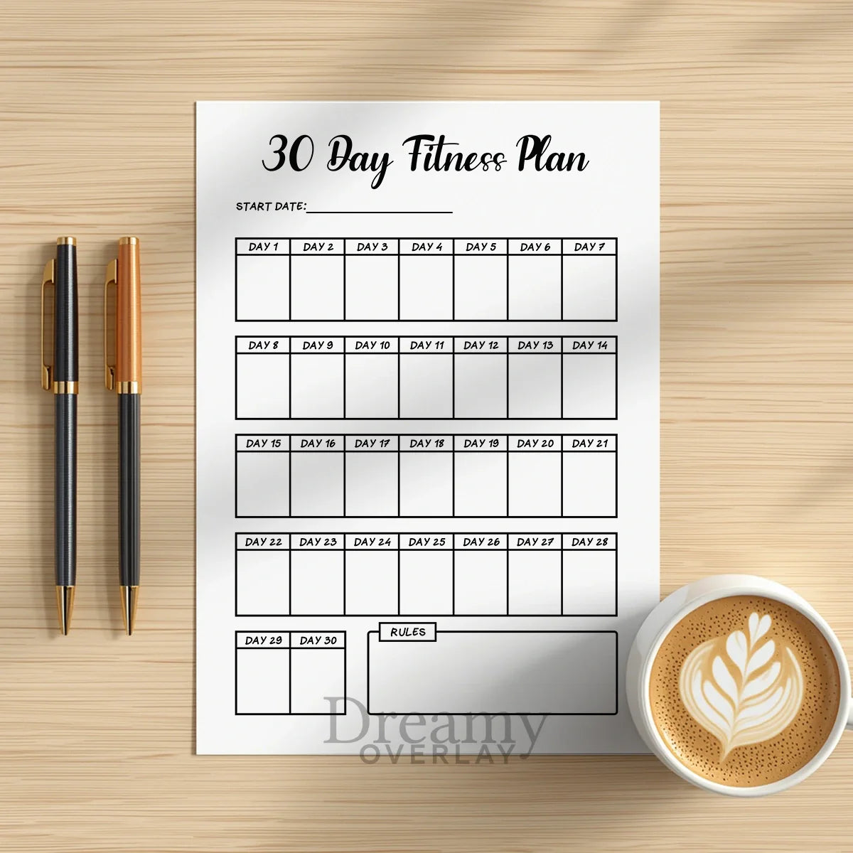 Printable 30 day fitness plan tracker monthly printable journal page in A4, A5 and US Letter size