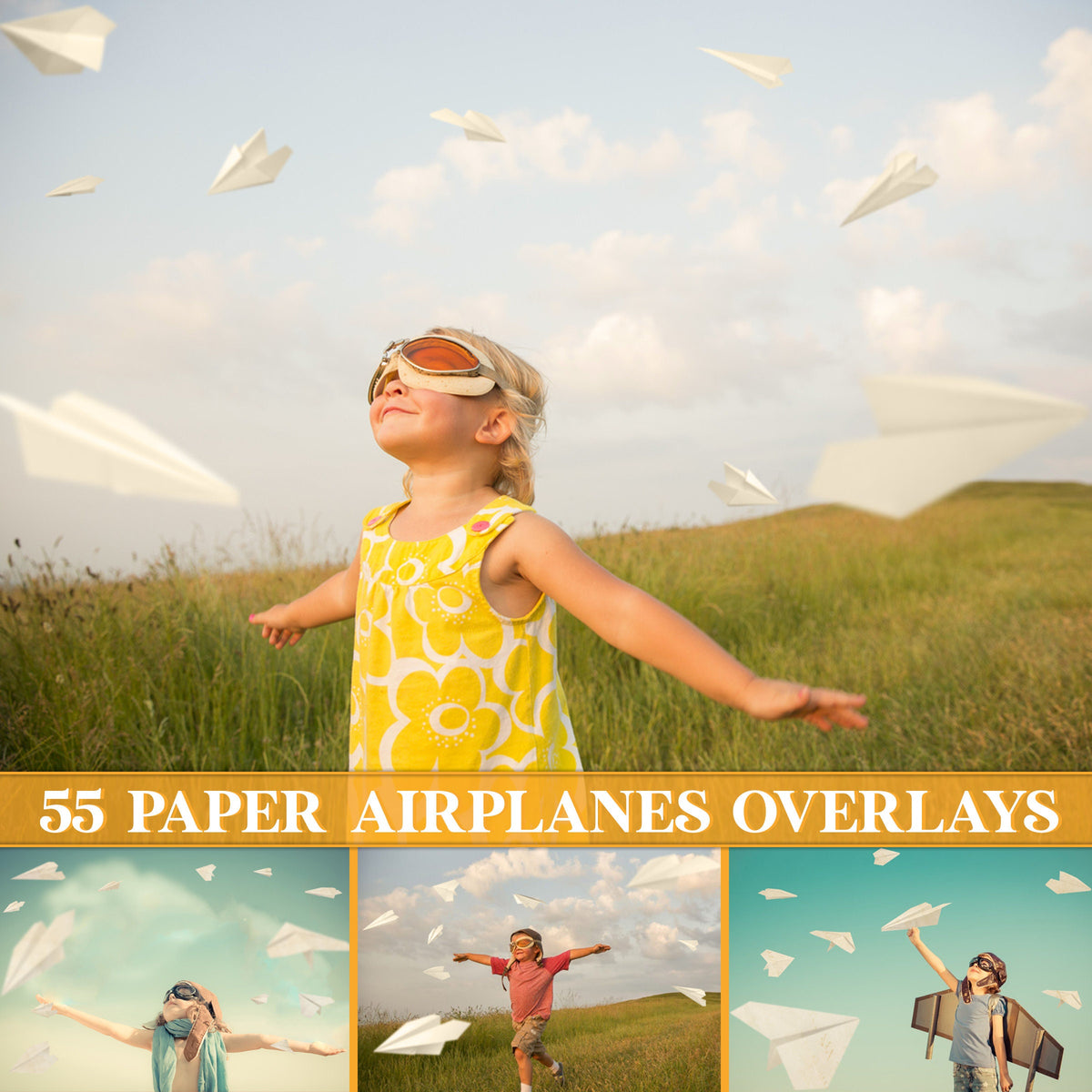 Paper Airplane Overlays for Photoshop - Flying Kids & Nostalgic Effects - Instant Digital Download