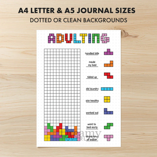 Printable adulting tracker journal page in A4, A5 and US Letter size