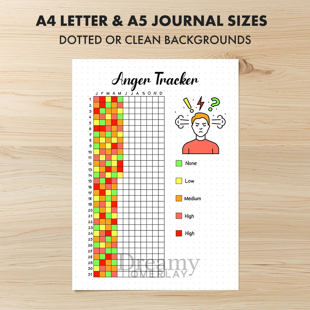 Printable anger tracker yearly printable journal page in A4, A5 and US Letter size