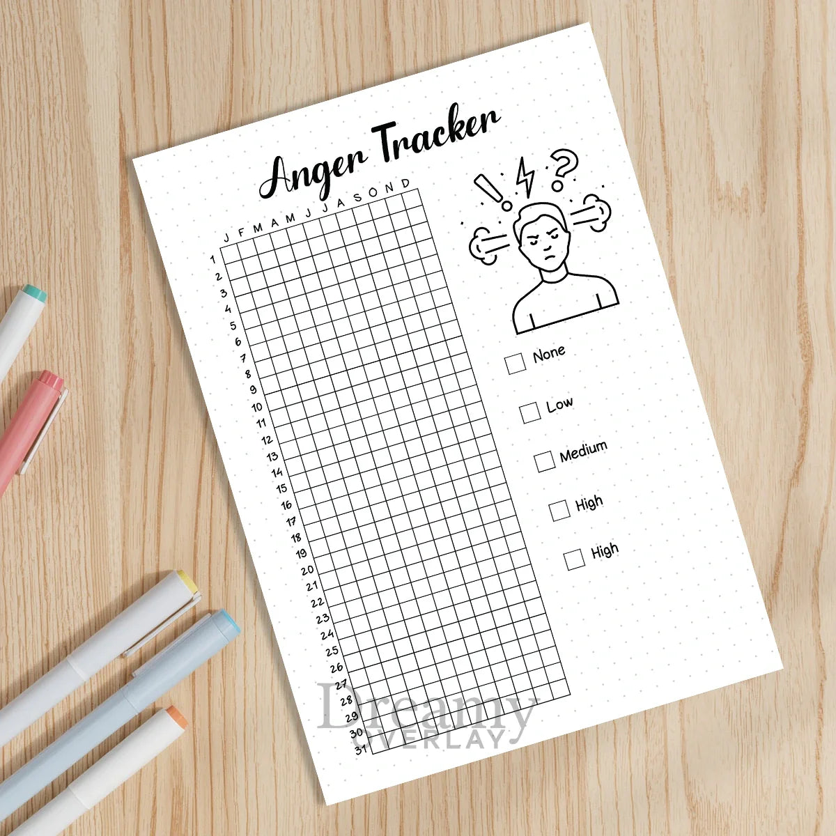 Printable anger tracker yearly printable journal page in A4, A5 and US Letter size