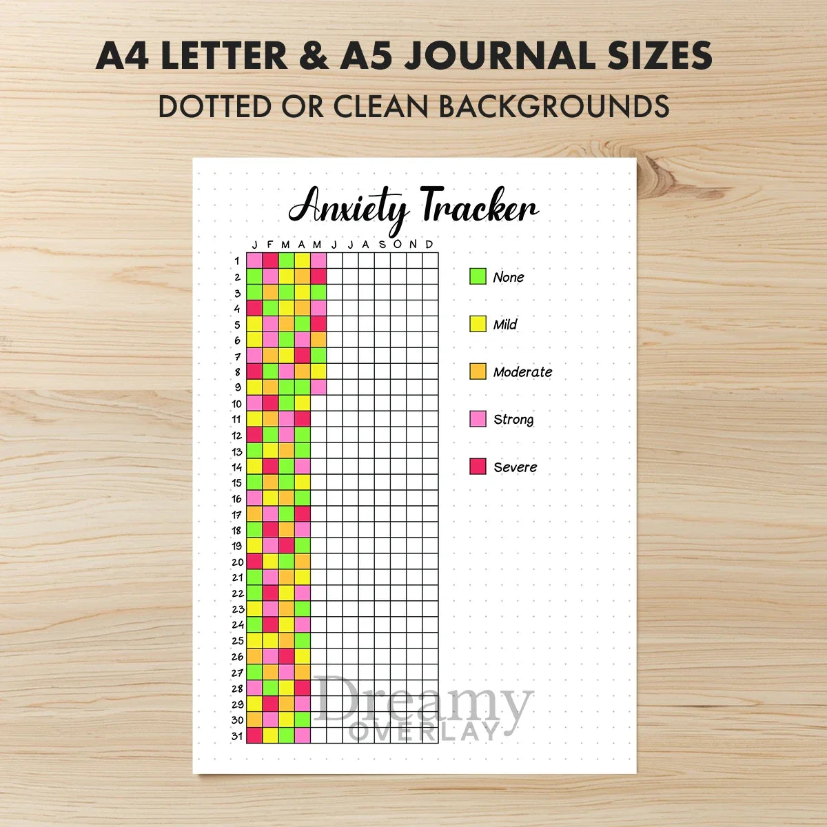 Printable anxiety tracker journal page in A4, A5 and US Letter size