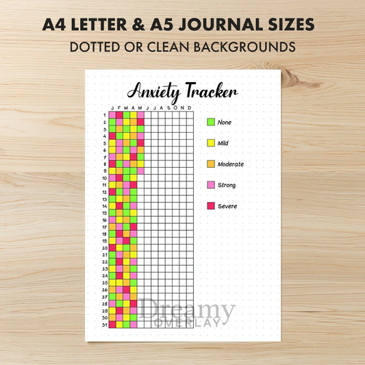Printable anxiety tracker journal page in A4, A5 and US Letter size