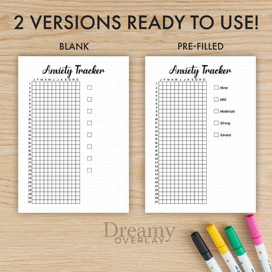 Printable anxiety tracker journal page in A4, A5 and US Letter size
