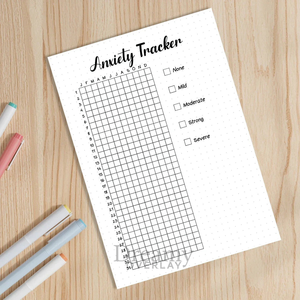Printable anxiety tracker journal page in A4, A5 and US Letter size