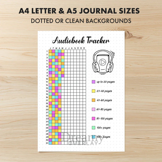 Printable audiobook tracker journal page in A4, A5 and US Letter size