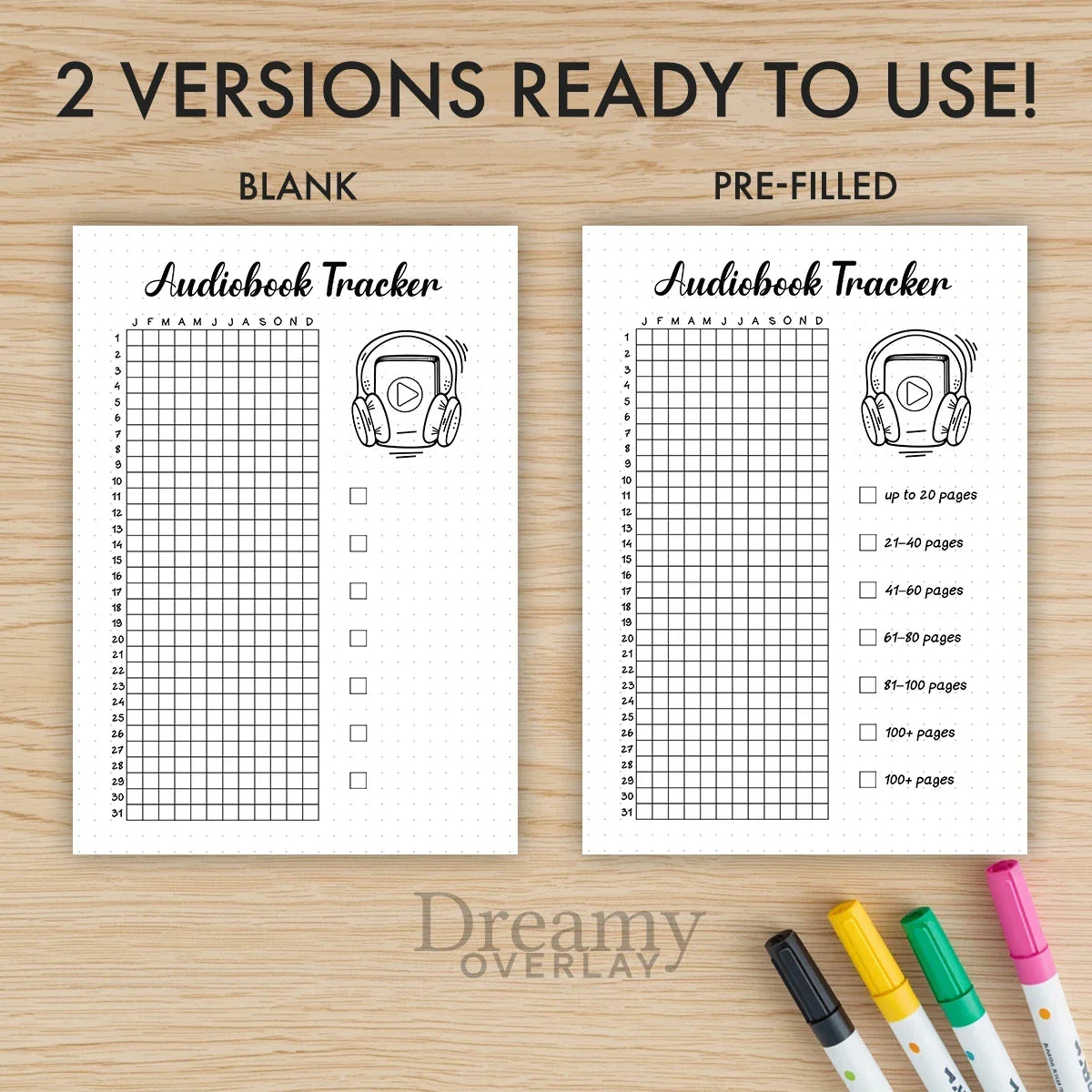 Printable audiobook tracker journal page in A4, A5 and US Letter size