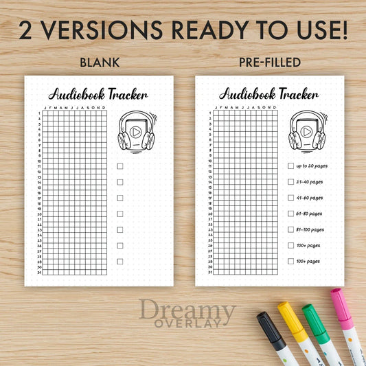 Printable audiobook tracker journal page in A4, A5 and US Letter size