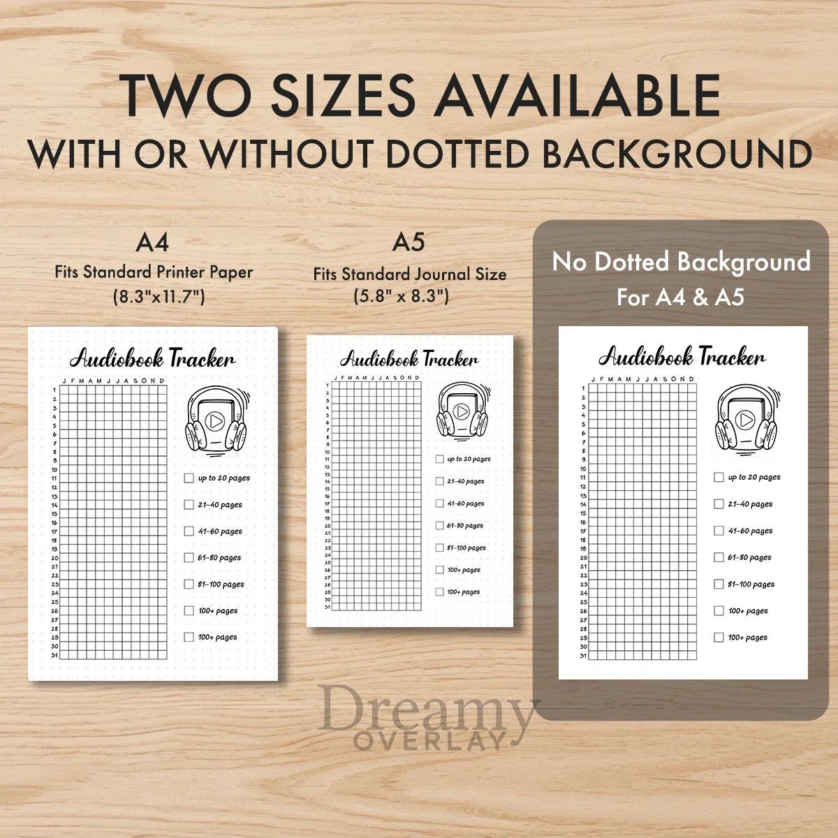Printable audiobook tracker journal page in A4, A5 and US Letter size