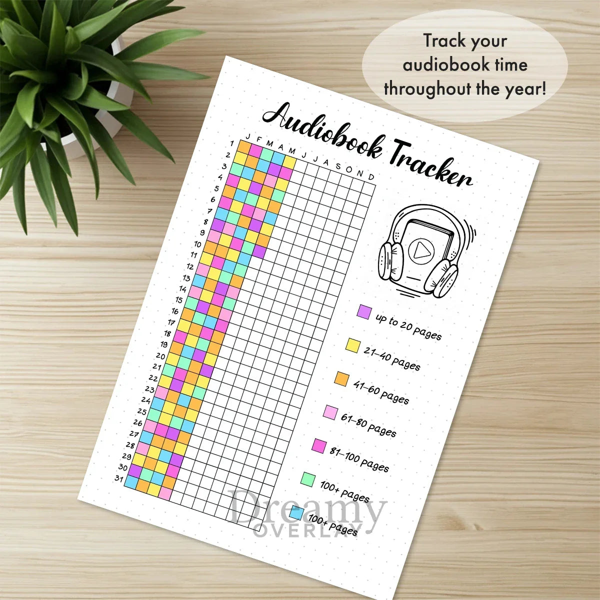 Printable audiobook tracker journal page in A4, A5 and US Letter size