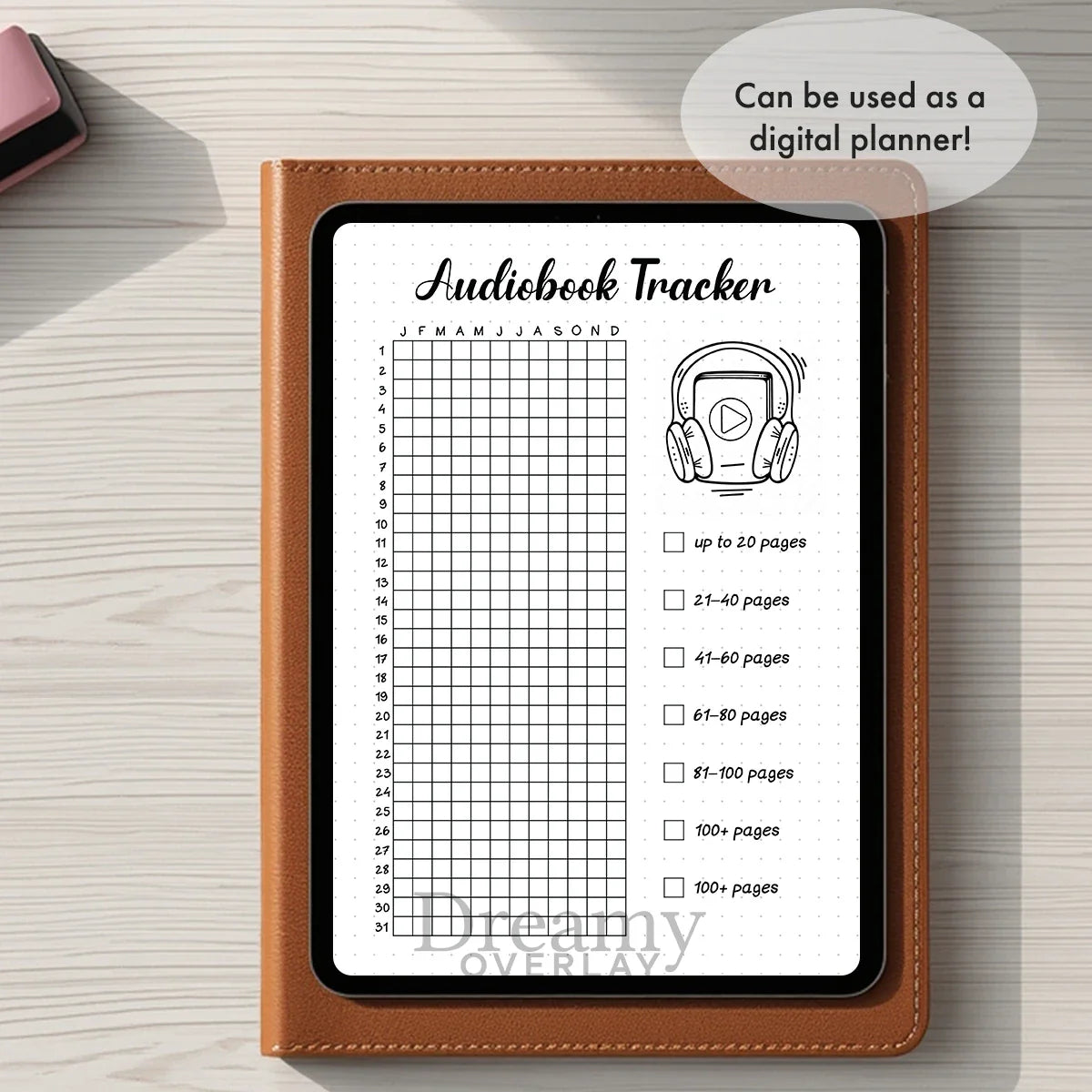 Printable audiobook tracker journal page in A4, A5 and US Letter size
