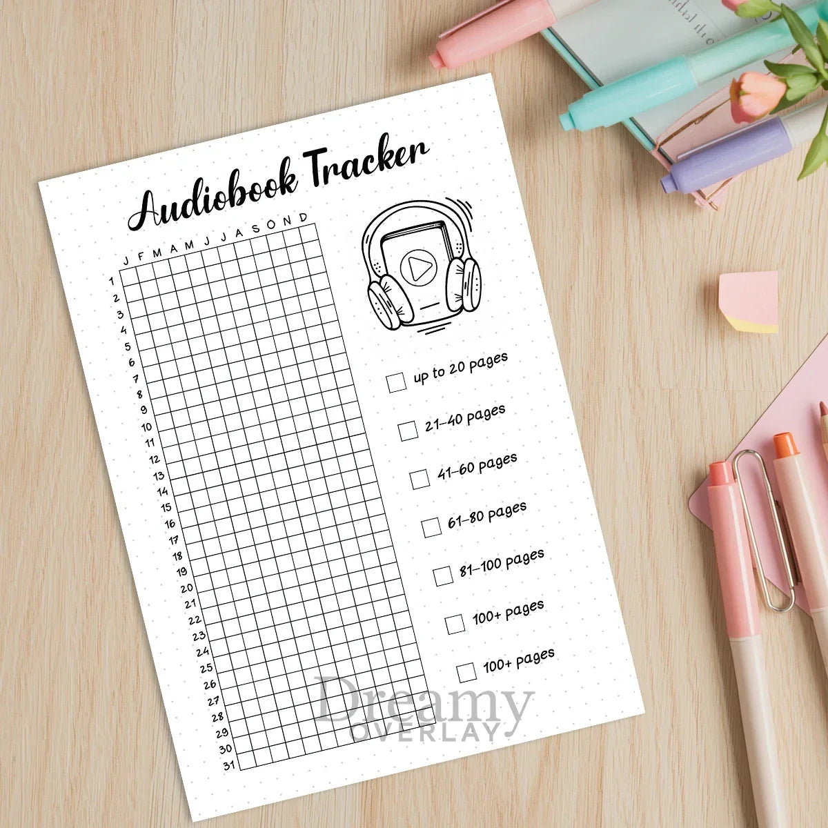 Printable audiobook tracker journal page in A4, A5 and US Letter size
