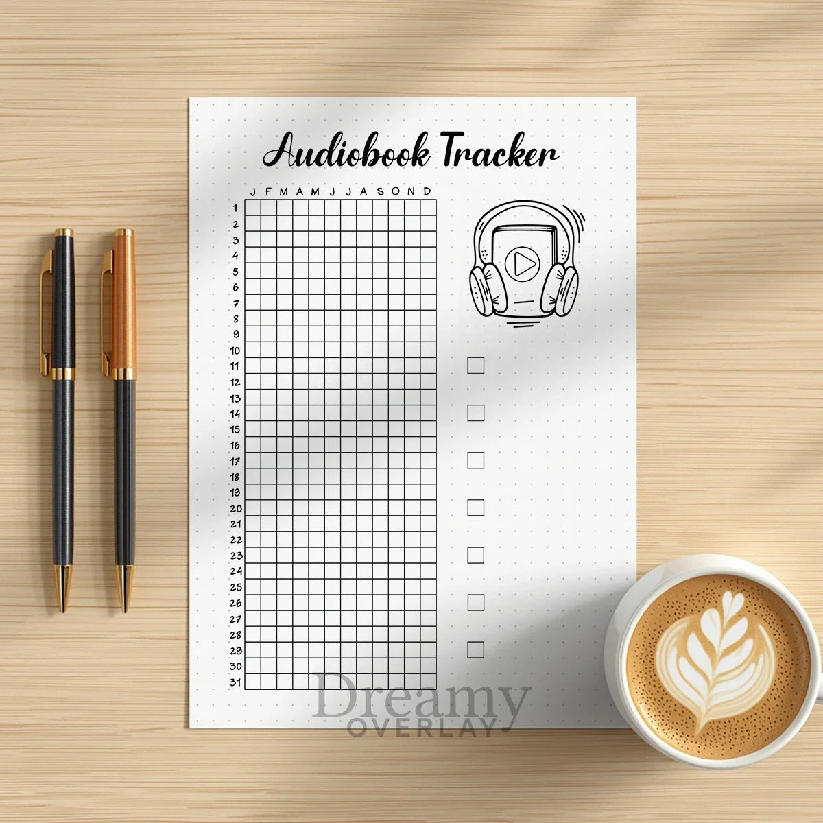 Printable audiobook tracker journal page in A4, A5 and US Letter size