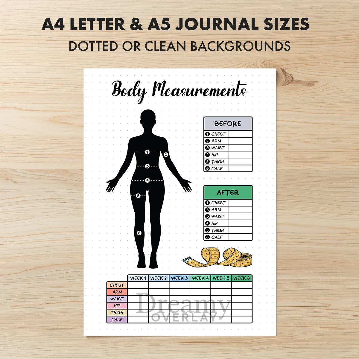 Printable body measurements tracker monthly printable journal page in A4, A5 and US Letter size
