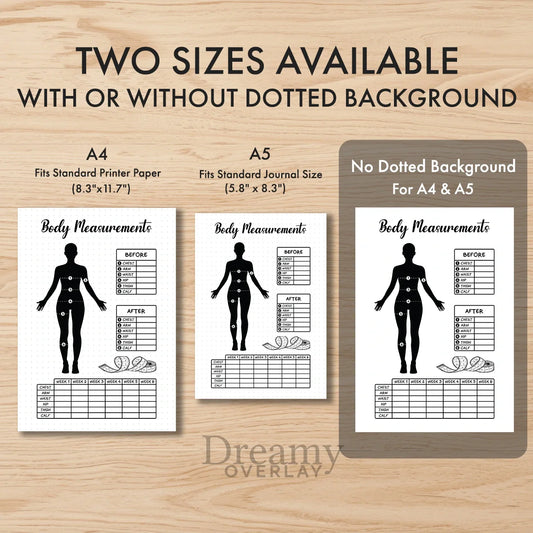 Printable body measurements tracker monthly printable journal page in A4, A5 and US Letter size