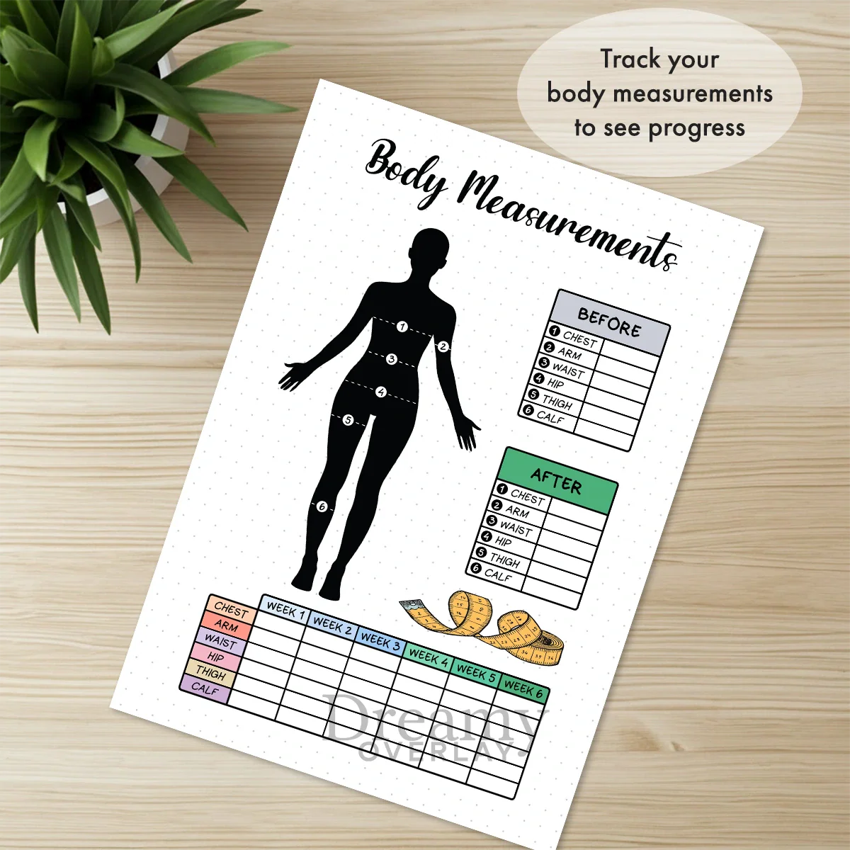 Printable body measurements tracker monthly printable journal page in A4, A5 and US Letter size