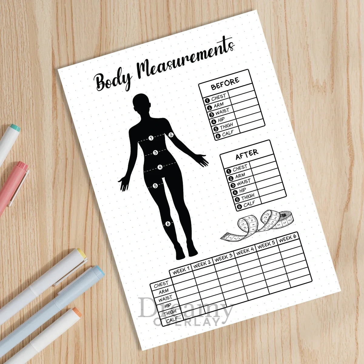 Printable body measurements tracker monthly printable journal page in A4, A5 and US Letter size