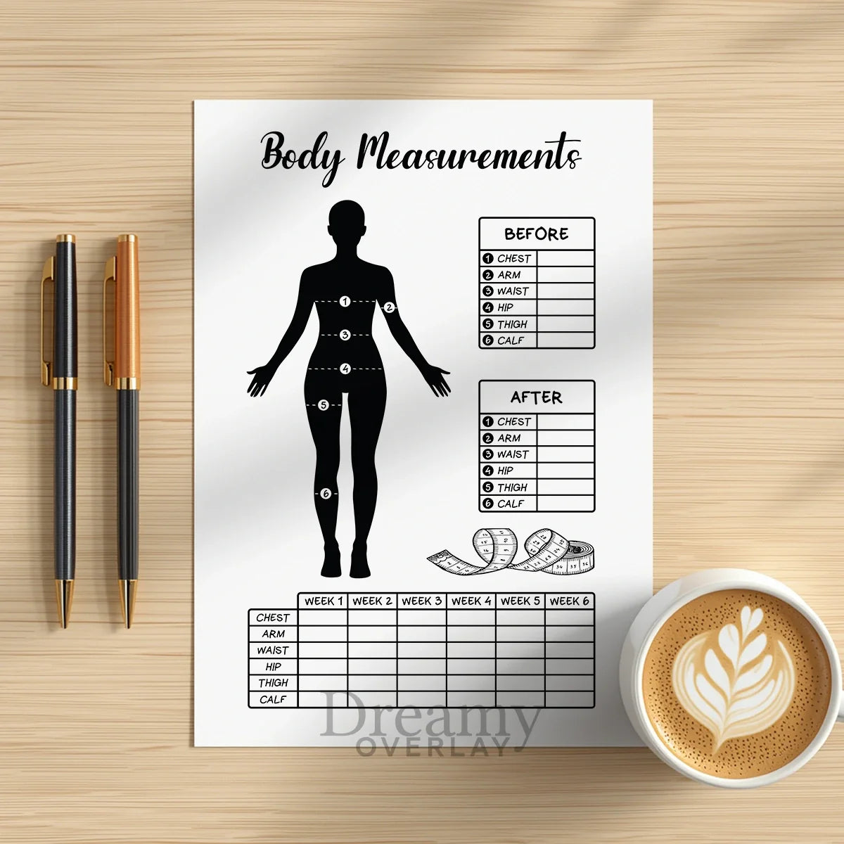 Printable body measurements tracker monthly printable journal page in A4, A5 and US Letter size